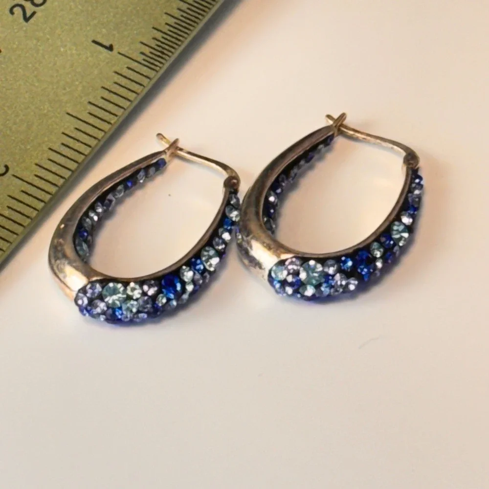 Vintage Hoop Earrings Blue Crystal Brass Thailand Boho Statement Jewelry